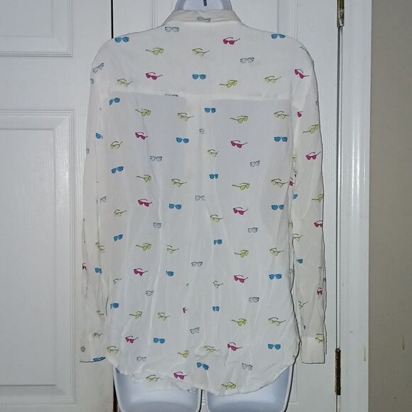 Jane and Delancey white multicolor sunglass print button down blouse Sz L - Picture 4 of 8